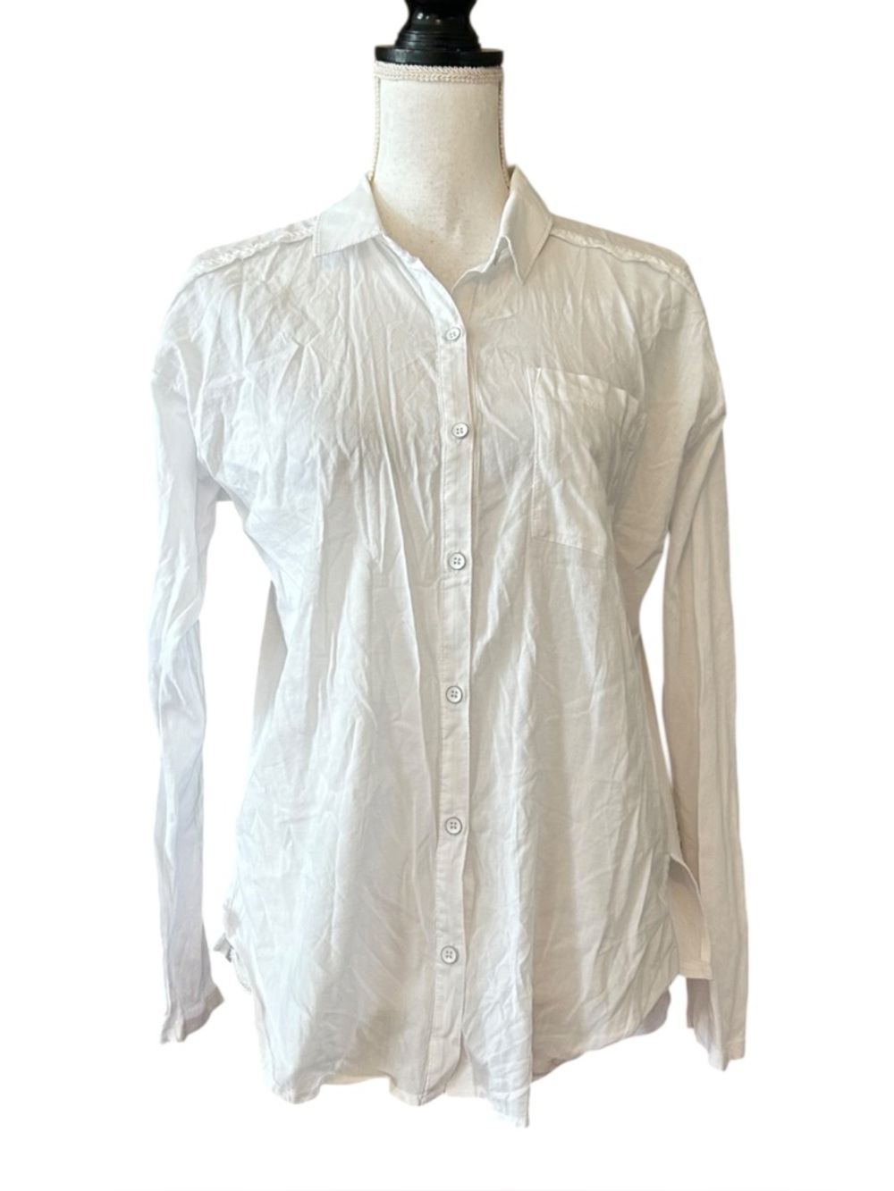 NWT Splendid 2 Pockets Frayed Button Up Mixed Media‎ Long Sleeve Shirt XS White